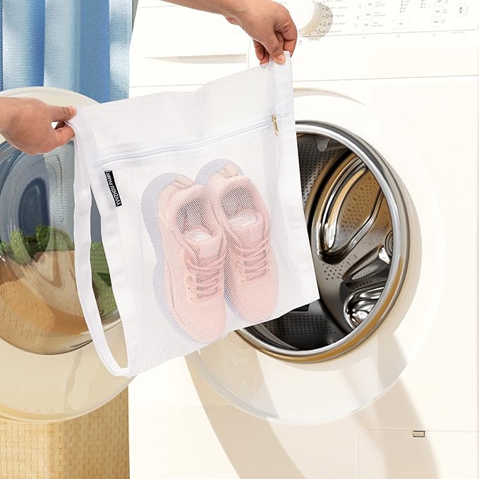 Sneaker Dryer Bag, 2 Pcs Reusable Sneaker Drying Mesh Bags, Honeycomb Net Laundry Bags with Zipper & Strap for Washing Machine, 15.7''x13.8'', White