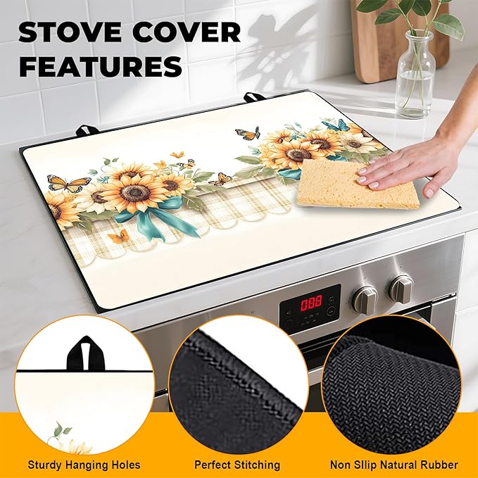 Stove Top Cover Retro Flower Gas Stove Top Cover for Home Decoration Kitchen Pad Non-Stick Washable Cooktop Covers Countertop Protector Keep Stove Clean 28"x20" (Sunflower)