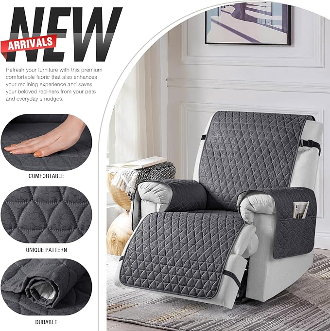TAOCOCO 100% Waterproof Recliner Cover - Recliner Cover with Non-Slip Granule, Recliner Chair Covers with Elastic Band, Recliner Chair Covers for Reclining Chair(Dark Grey,Oversized-30'')