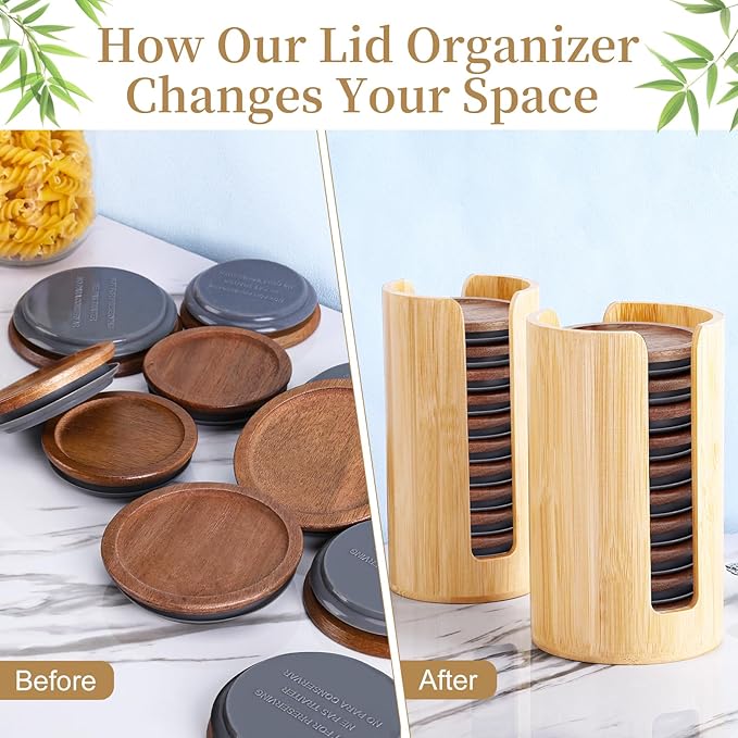 2 Pack Mason Jar Lid Organizer (Wide Mouth & Regular Mouth) Bamboo Ball Jar Wooden Storage Accessories for Home Kitchen Organization & Tumbler Lids, Fit Mason/Canning/Bamboo Lids