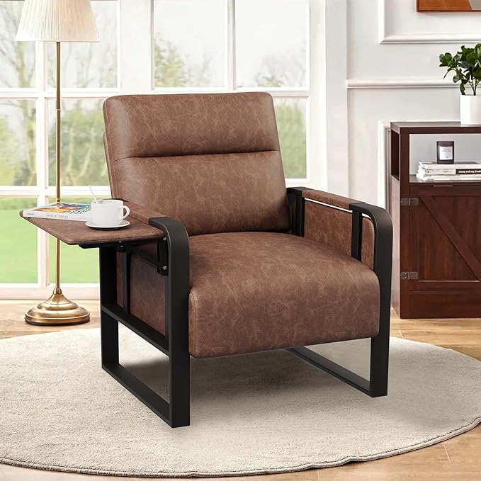 Modern Accent Chair with Tray Table PU Leather Upholstered Armchair for Bedroom Leisure Living Room Chairs Office Chair Dark Brown