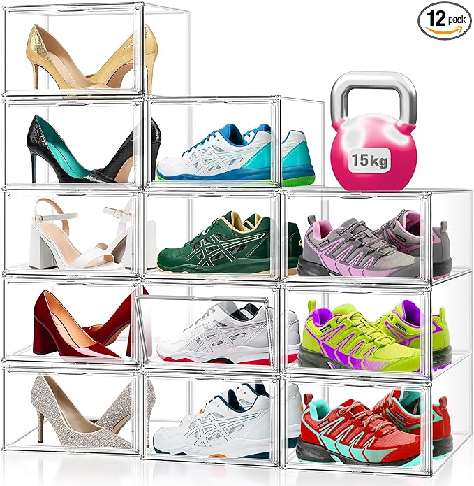 12 Pack Acrylic Clear Shoe Storage Boxes Size 12, Transparent Display Case for Sneaker Collections, Baseball Caps, Hat Organizer Dust-free Shoe Cubbies Stackable Sneaker Boxes