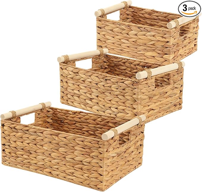 3-Pack Woven Storage Baskets Set, Small Medium Large Wicker Baskets for Shelves Organization, Rectangular Natural Weave Baskets for Kitchen, Bathroom, Living Room Decor, Home Storage Solutions
