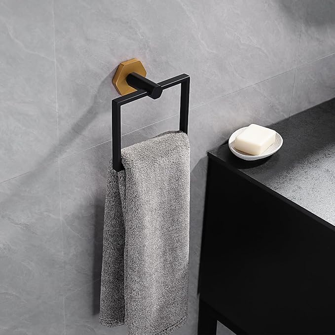 GERZWY Bathroom Hardware Accessories Sets 2-Pieces Stainless Steel - Toilet Paper Holder Towel Ring (Black & Gold)