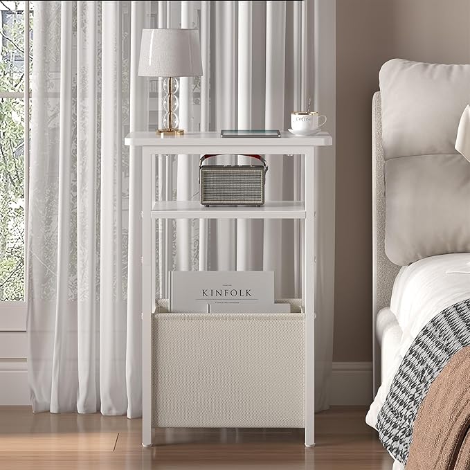 Narrow Side Table Set of 2, Skinny End Tables with Fabric Basket, Small Side Tables for Small Space,2-Tier Open Shelves with Basket, Slim Nightstands Set 2 for Bedroom,Livinroom,Office,White
