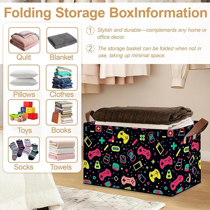 Decorative 32L Colorful Game Controller Storage Bins with Handles, Organization and Storage, Cube Storage Organizer for Hamper, Nursery