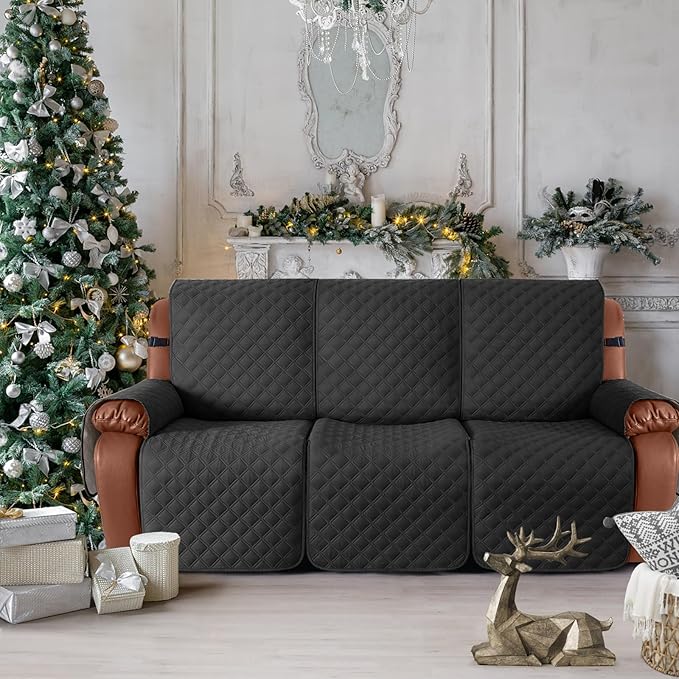 Ruaozz Waterproof Recliner Couch Covers 1-Piece Sofa Covers Washable Recliner Covers Non-Slip Furniture Protector with Elastic Straps Pocket for Kids Pets(Black, 3 Seater)