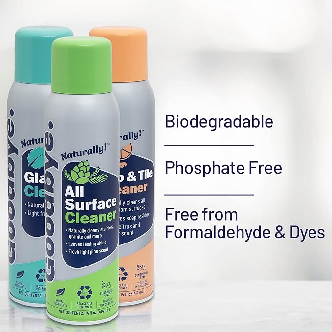 Goodbye Naturally Glass Cleaner, All Surface Cleaner, and Tub and Tile Bathroom Cleaner, Safe and Effective All Natural Cleaning Products, 14 oz Continuous Spray Cans, 3 Pack