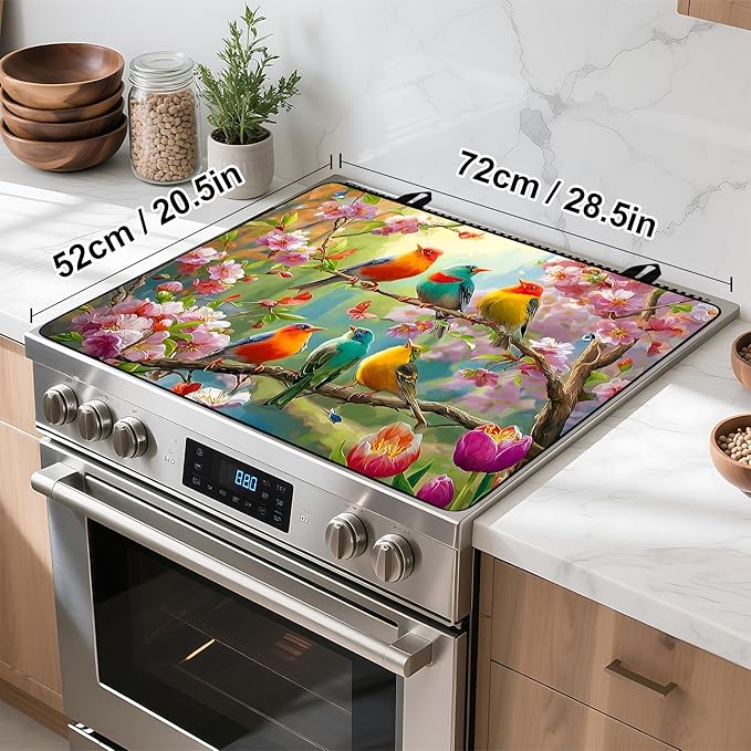 Happy Easter Stove Top Cover Flower Eggs Cute Rabbit Gas Stove Top Cover for Home Decoration Kitchen St. Patrick Day Pad Non-Stick Washable Cooktop Covers Countertop Protector (bird, 28" x 20")