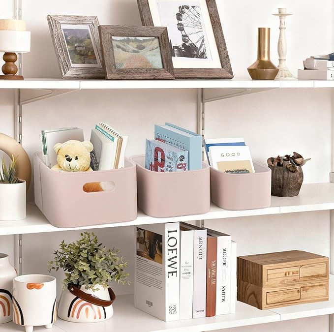 HofferRuffer Faux Leather Storage Baskets Bins with Velvet Lining for Organizing, Storage, Gifts, Set of 3 Nesting Shelf Baskets Decorative Storage Boxes for Home Organization (Pink)
