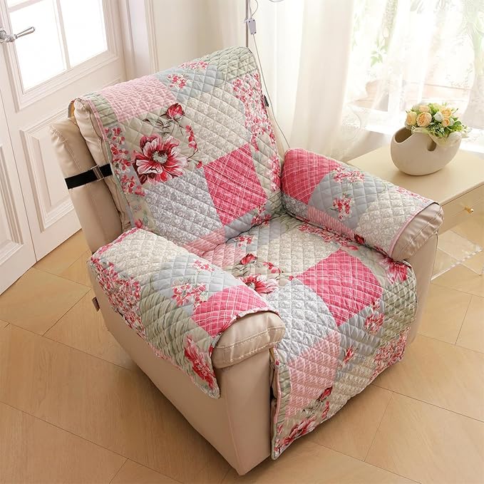 Cmfshape Skidproof Sofa Cover-Patchwork Sofa Slipcover with Elastic Straps-Easy Fit Slip Cover-Rose Washable Furniture Protector for Pets and Kids(Chair,Pink&Grey)