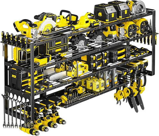 Extra Large 64" W Power Tool Organizer Wall Mount, Load 1000 lbs, Heavy Duty 4 Tier Garage Storage Rack with 8 Drill Holders, 2 in 1 Corner or Straight Installation, Christmas Gift for Men