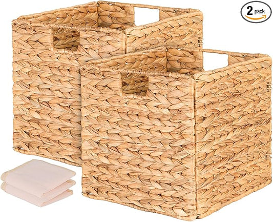 12inch Wicker Storage Cubes, Water Hyacinth Storage Baskets with Handles, Natural Foldable Square Storage Baskets for Shelves, Wardrobes, 2 Pack