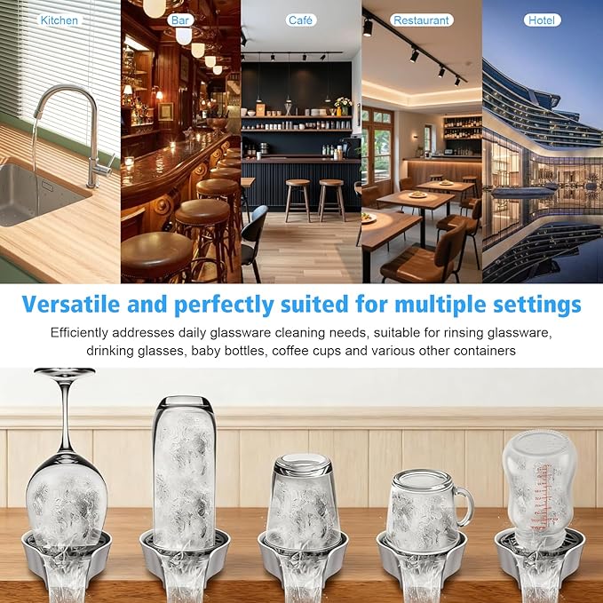 Glass Rinser for Kitchen Sink Glass Rinser with Pull-Out Spray High Pressure 360° Rotating Faucet Glass Rinser Cup Cleaner Bottle Washer for Bar Cafe Sink (Silver)