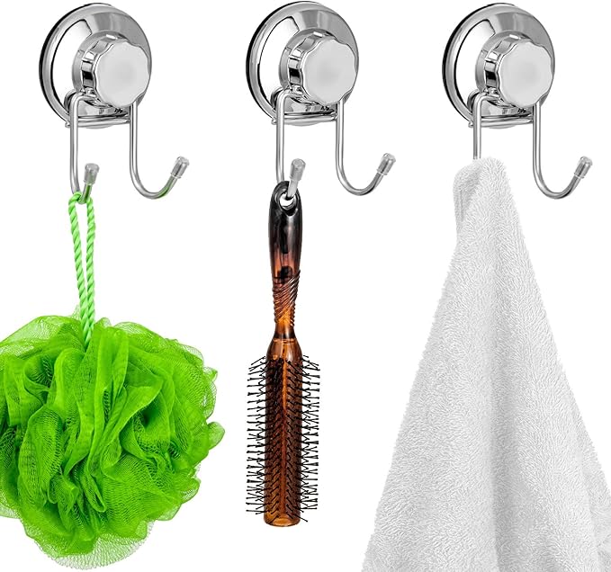 SANNO Powerful Vacuum Suction Cup Hooks for Shower Flat Smooth Wall Surface Towel Robe Bathroom Kitchen Shower Bath Coat,NeverRust Stainless Steel Black (4 Pack)