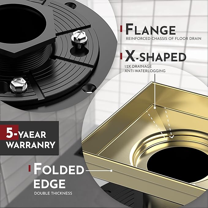 WEBANG 6 Inch Square Shower Drain Gold Floor Drain with Flange Wave-Hole Pattern Cover Grate Removable SUS304 Stainless Steel Watermark&CUPC Certified Brushed Gold