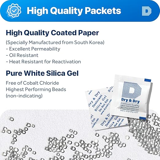 Dry & Dry 1 Gram [100 Packets] Silica Gel Packets Desiccants, Silica Packets - Rechargeable Silica Gel Packs, Desiccants Packets, Silica Gel
