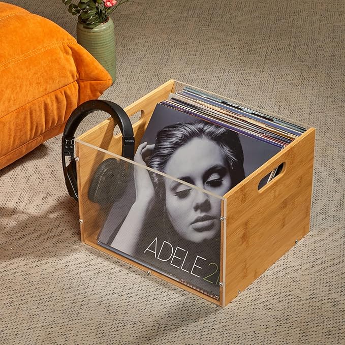 Record Album Storage Crate, Bamboo & Acrylic Vinyl Record Crate, Multifunctional Visible Record Holder Crate with Handle, Great for Storing Vinyl Record LP's/Albums Hanging Letter Size Folders Toy