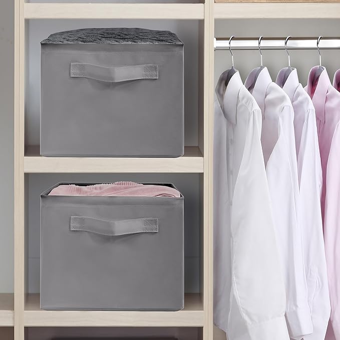 Storage Basket Bins with Metal Frame, Large Collapsible Fabric Storage Baskets for Organizing Shelf, Basket Organizer W/Handles for Blankets, Towels, Laundry, Shelves, 9-Pack, Grey