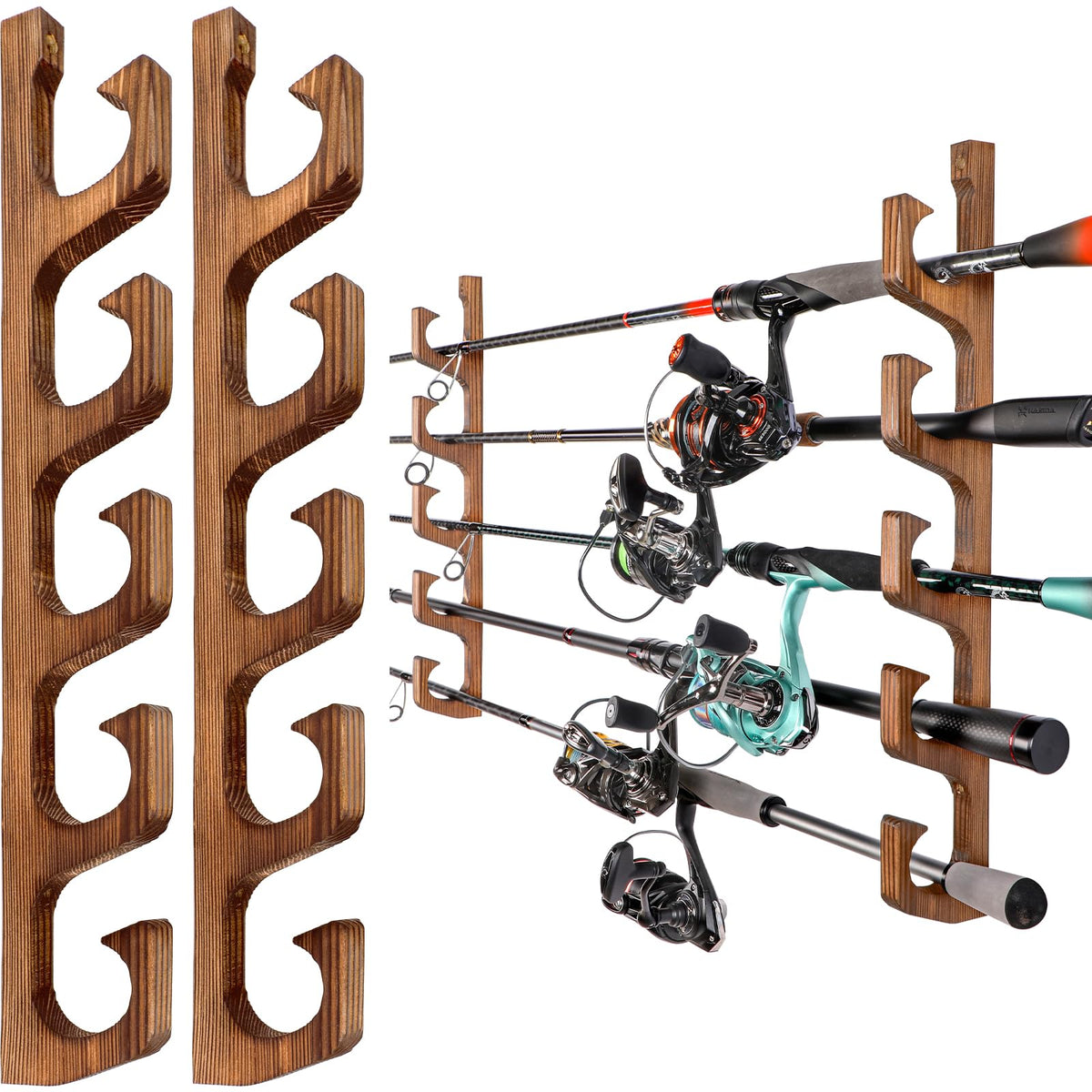 PLUSINNO H5W Solid Wood Fishing Rod Holder, Horizontal - Image 1