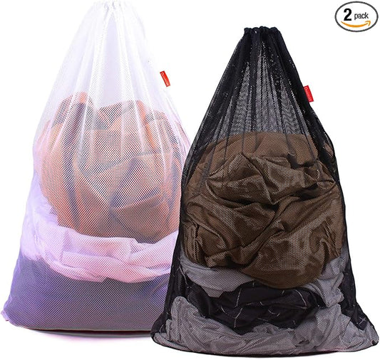 2 Pack Mesh Laundry Bags, 24 x 36 Inches Heavy Duty Drawstring Bag, Factories, College, Dorm, Travel and Apartment Dwellers, Black&White