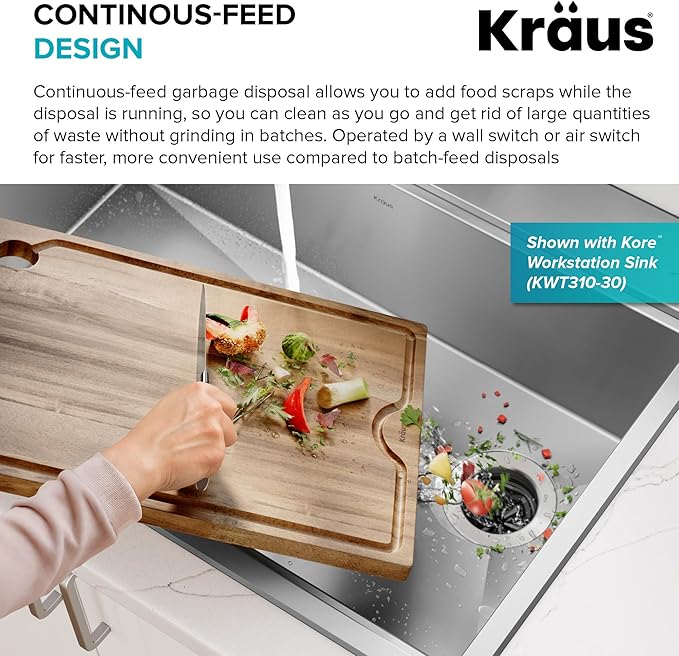 KRAUS WasteGuard 1 HP Continuous Feed Garbage Disposal with Ultra-Quiet Motor for Kitchen Sink with Power Cord and Flange Included, KWD201-100MCG
