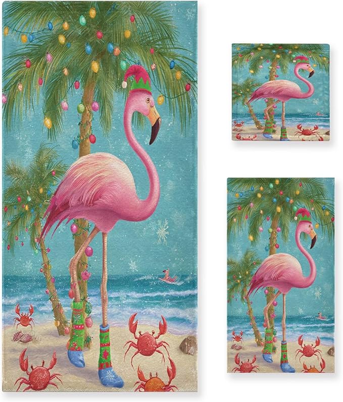 Pfrewn Christmas Winter Towels Set of 3 Christmas Tropical Flamingo Palm Tree Crab Bathroom Towel Soft Absorbent Bath Hand Towels Washcloth Guest Towel Sets Xmas Holiday Decor