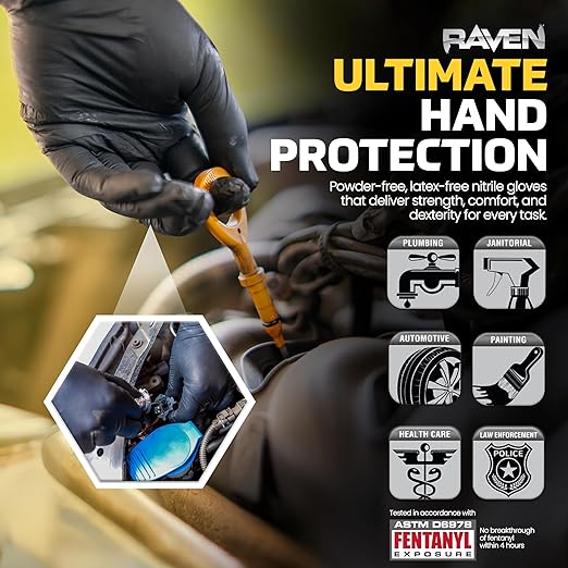 Raven Powder Free Nitrile Disposable Gloves - 10 Boxes / 100 Ea. | 1000 Gloves Total |7 Mil - 2XL | Latex Free, Chemical + Puncture Resistant, Textured Grip, Single Use | 66520