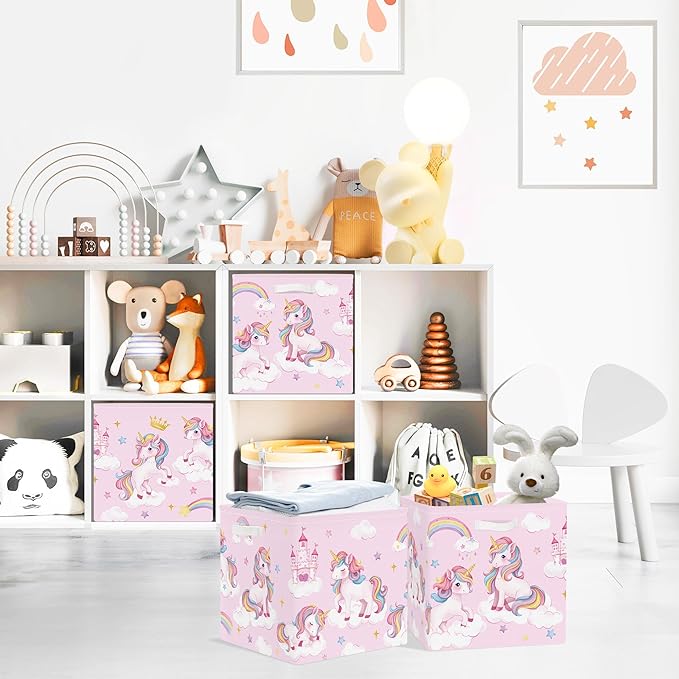 Clastyle 3 pcs Unicorn Cube Storage Unit Bin with Metal Frame Rainbow Kallax Box for Shelves Parents Closet Organizer Basket for Book Clothes Toy Organizer, Crown, 11.8x11.8x11.8 in