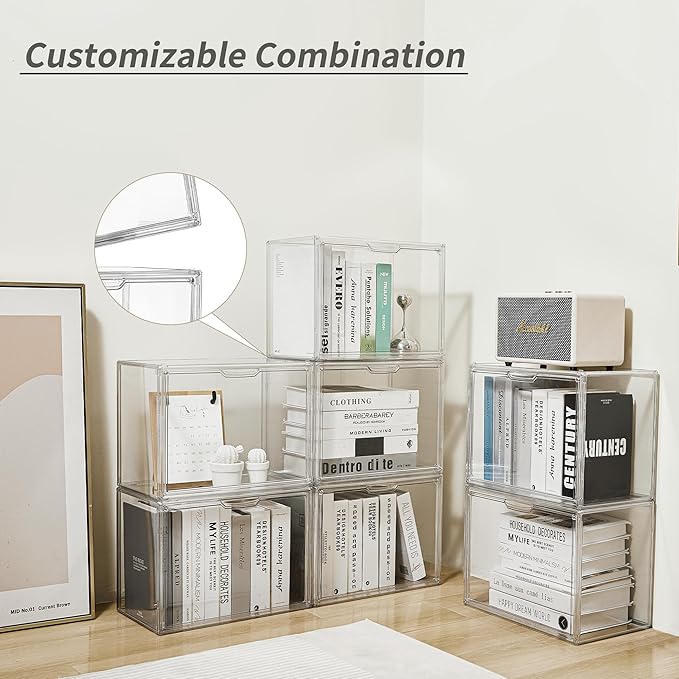 Cube Storage Organizer Acrylic Book Case Display Case Box Stackable Book Storage Containers With Magnetic Door Clear Plastic Portable Organizer For Living Room Bedroom 1 Pack