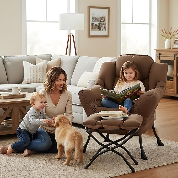 Welnow Lazy Chair with Ottoman, Modern Lounge Accent Armchair with Armrests and a Side Pocket, Leisure Sofa Armchair Set, Reading Chair with Footrest for Small Space, Dark Brown