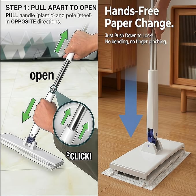 Snap Grip Mop - 49" x 10" Hands Free Floor Cleaner, Cloth Changing Sweeper for Wall and Window, Zero Touch 11-Piece Kit with 10 Disposable Dry Wipes, Dust Mop for Home