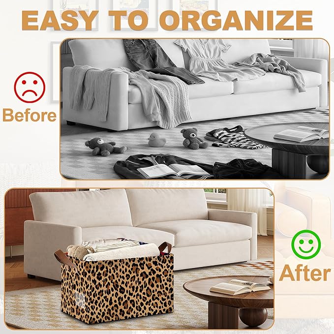 Storage Bin with Handles, Leopard Print Collapsible Laundry Baskets for Books, Laundry - Use in Nursery, Closet Organizers and Storage, Blanket Basket