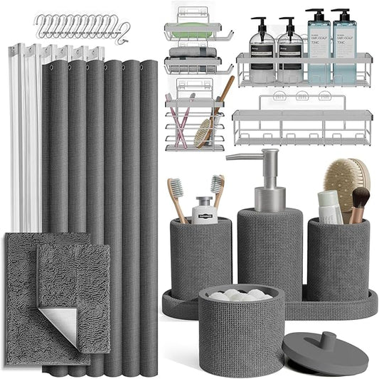 Clara Clark Grey Bathroom Set - Bathroom Sets with Shower Curtain and Rugs, 26PC Bathroom Accessory Set, Shower Curtain Set with Adhesive Corner Shower Caddy Hanging & Soap Dispenser