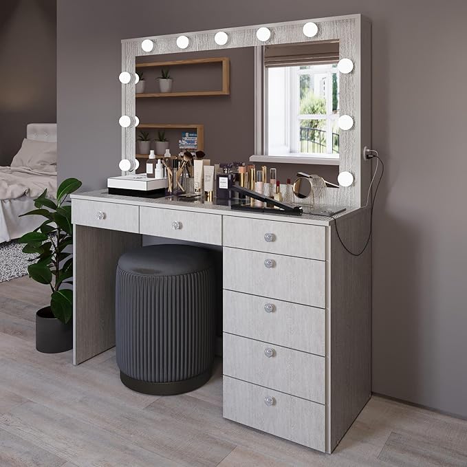 Boahaus Serena White Makeup Vanity with Mirror and 11 Lights, 7 Drawers, Glass Top, Crystal Knobs, USB-A & USB-C Ports, 110V Power Outlet, Bedroom Vanity Desk (Grey)