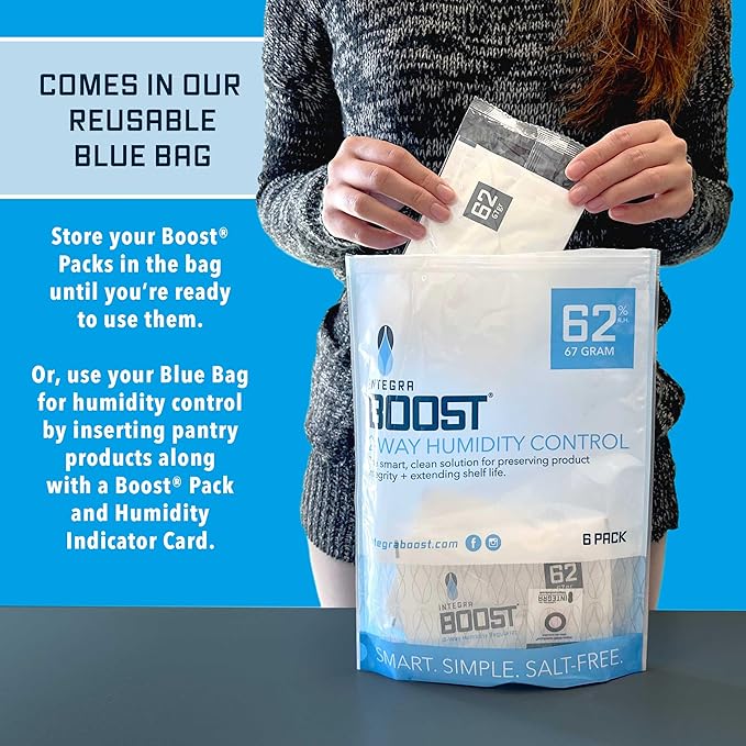 Integra Boost - 62% RH Level - 67 Gram Size - Two-Way Humidity Control Pack - Incl. Replacement Indicator Cards - Food Storage & Herbs Moisture Balancer For Up to 1 LB (Pack of 6)