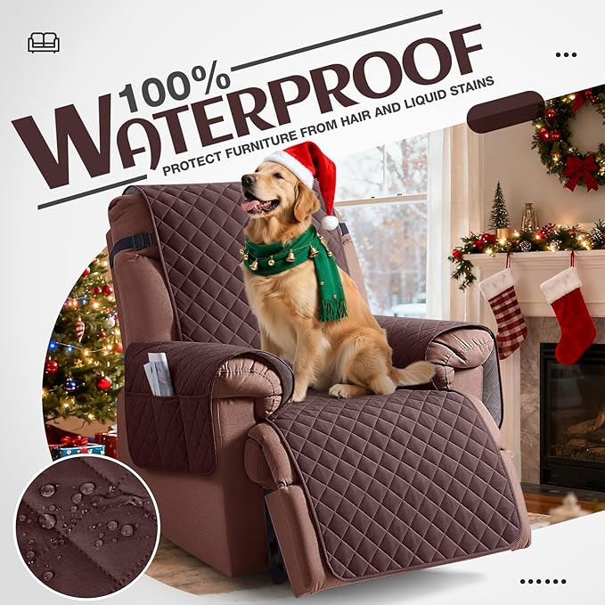 KinCam 100% Waterproof Recliner Chair Cover, Reclining Couch Covers for Pets, Dogs, Recliner Couch Slipcover Furniture Protector with Elastic Straps for Kids(23.6", Coffee)