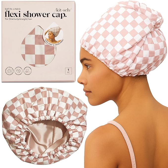 Kitsch Shower & Body Care Bundle – Luxury Reusable Waterproof Shower Cap for Women & Men, Flexi Satin Lined, Adjustable – 2pc Exfoliating Gloves, Deep Skin Scrubber for Smooth, Renewed Skin