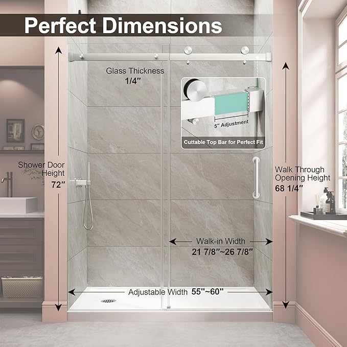 Frameless Shower Door,Single Sliding Glass Shower Door with Nano Coating & Safety Film, Adjustable 55"-60" W x 72" H, Brushed Nickel,1/4" (6mm) SGCC Tempered Glass