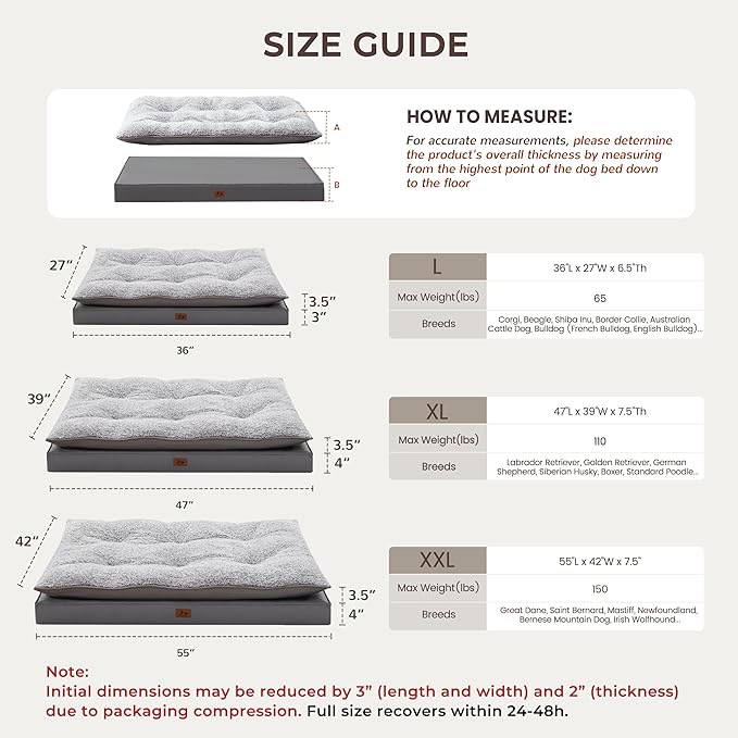 Washable Dog Bed for Medium Large Size Dog, Plush Pillow Pet Bed with Leather Egg-Crate Foam Base, Waterproof Kennel Bed with Removable Cover, 47" x 39" Comfort Cushion Bed, Dark Grey