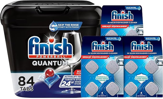 Bundle of Finish - Quantum - 84ct - Dishwasher Detergent + Finish In-Wash Dishwasher Cleaner Tabs - 3 Count (Pack of 4) Dishwasher Care Tabs, Hygienically Cleans Hidden Grease