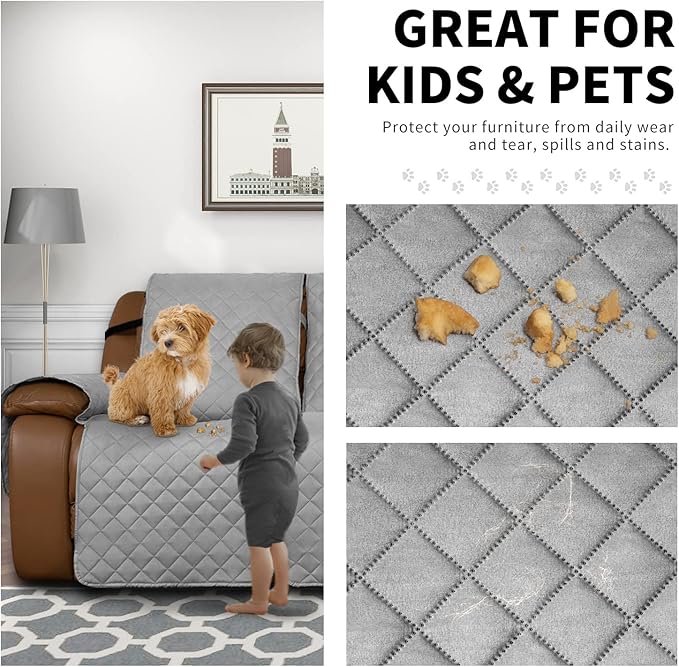 Easy-Going Oversized Recliner Sofa Cover, Reversible Couch Cover for 3 Seat Recliner, Split Sofa Cover for Each Seat with Elastic Straps for Kids, Dogs, Pets (3 Seater, Light Gray/Light Gray)