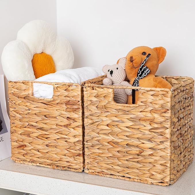 Wicker Storage Cubes, Water Hyacinth Storage Baskets with Handles & Liners, Natural Foldable Square Storage Baskets for Shelves, Wardrobes 10.3x10.3x10.7 Inch, Set of 2