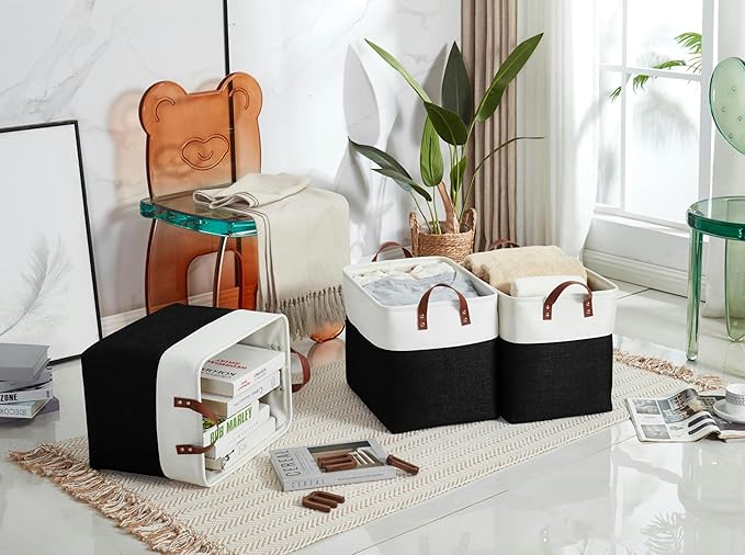 DECOMOMO Extra Large Storage Baskets, Fabric Storage Bins with Handles for Organizing Shelves, Toys, Nursery, Laundry (Black & White, 3pcs)