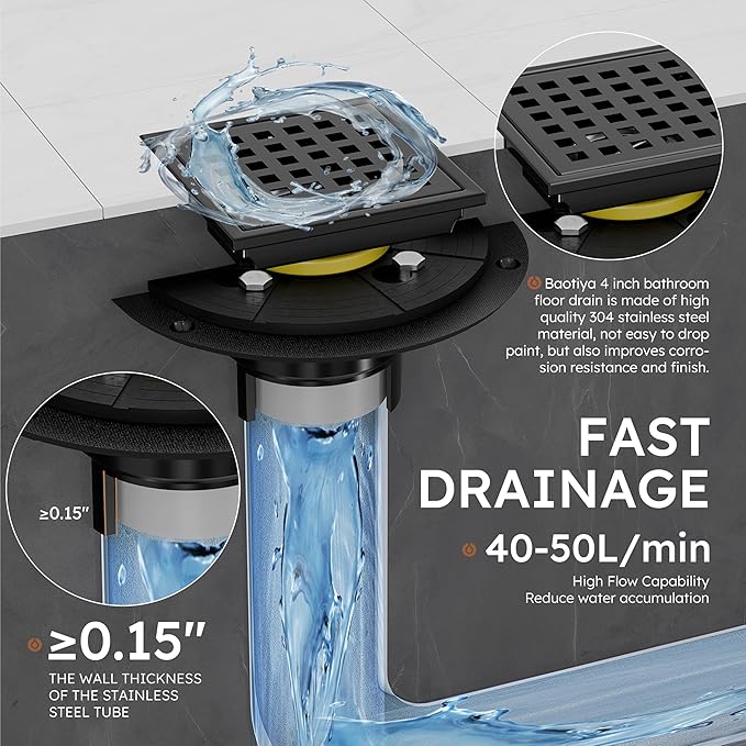 4 Inch Square Black Shower Drain Kit with Flange & Lifting Hook, Modern Floor Drain with Removable Quadrato Pattern Grate, Stainless Steel SUS 304 (Matte Black, 4 Inch)