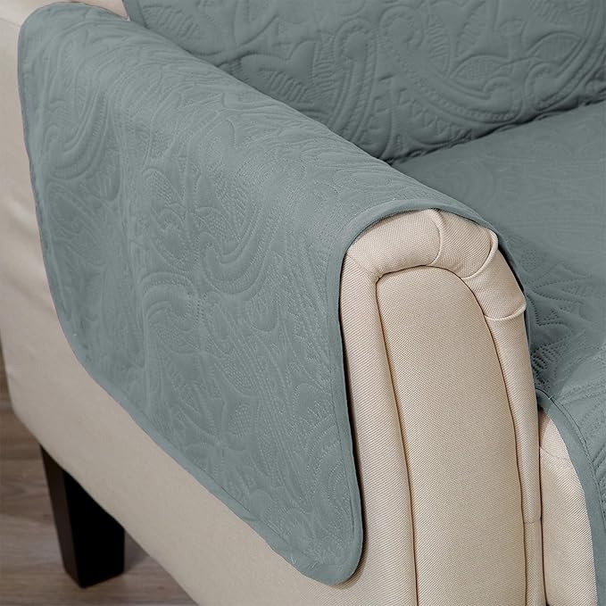 Great Bay Home Reversible Sofa Cover - Washable Slipcover Furniture Protector with Elastic Straps - Couch Cover for Dogs, Kids, and Pets - Quilted & Stitched Detail (Sofa, Mirage Gray/Flax)
