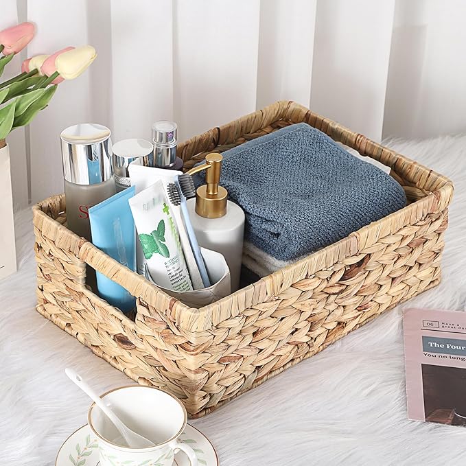 Hipiwe Wicker Storage Basket Bin Rectangular Wicker Baskets with Handles Natural Water Hyacinth Pantry Baskets Large Handwoven Basket Bin for Shelves Home Office Organizing,15"x10.2"