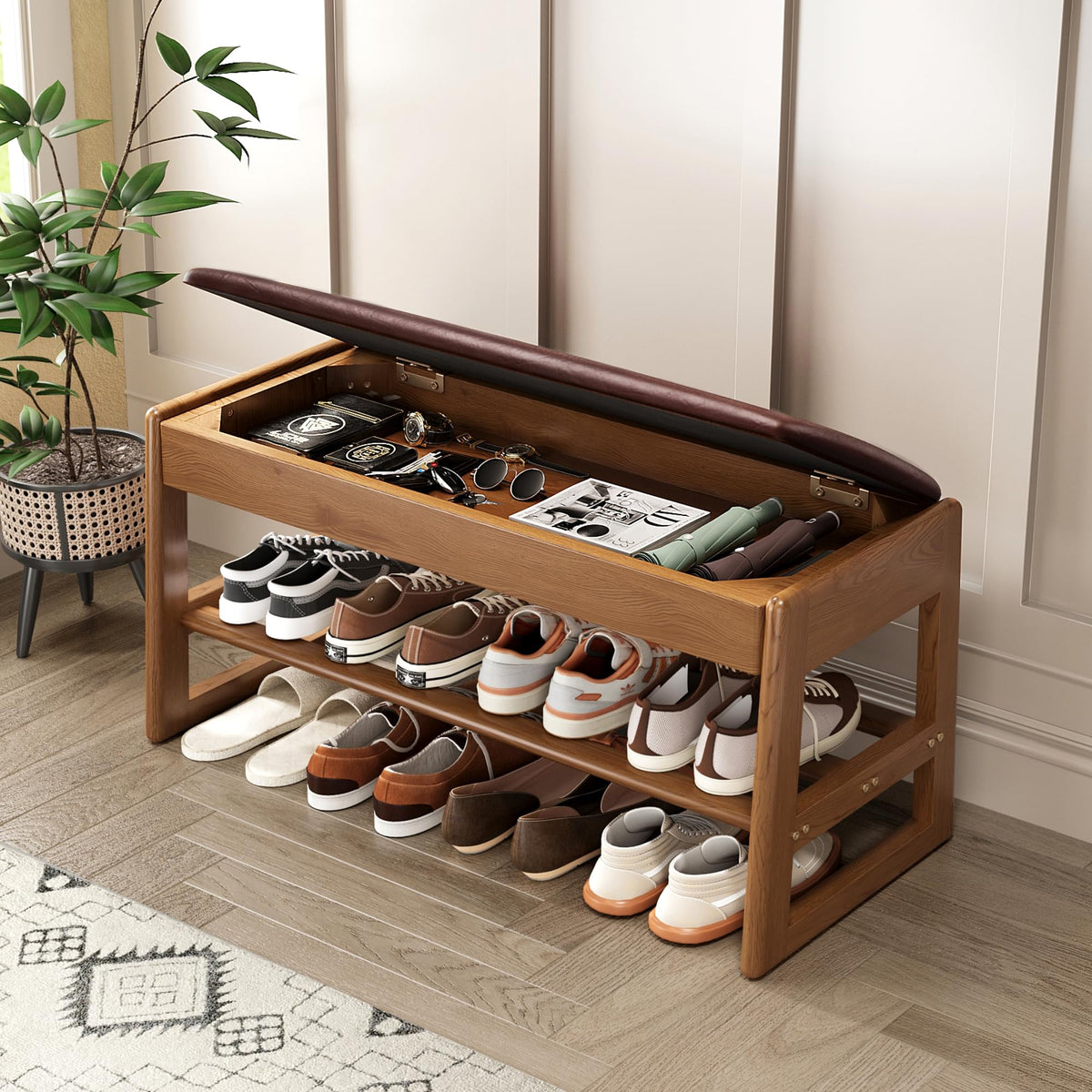 Shoe Rack Bench with Hidden Storage, 2‑Tier Solid | Home Organization - Image 1