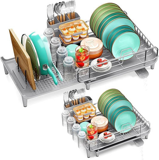 TOOLF Dish Drying Rack - Large Expandable Dish Rack for Kitchen Counter, Stainless Steel Dish Drainer for Kitchen Organization with Cutlery ＆ Cup Holder,Gray