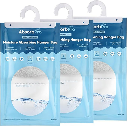 Moisture Absorbing Hanger Bag Fragrance Free - 3-Pack - 16 oz Hanging Dehumidifying Packs for Home, Kitchen, Bedroom, Bathroom, Closet, Small Rooms, Cars